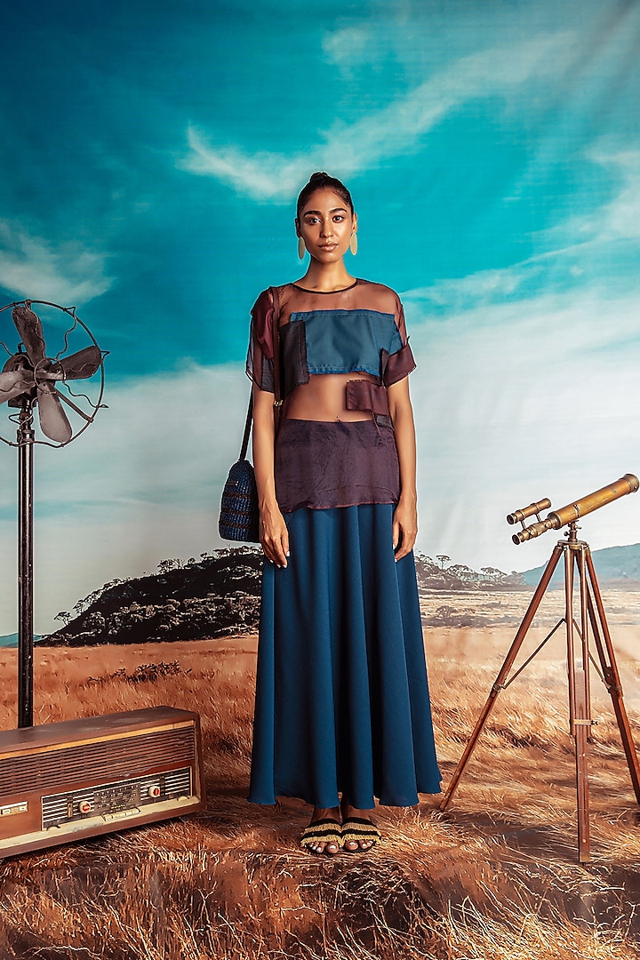Multi Colored Patched Top With Flared Skirt by Nirmooha