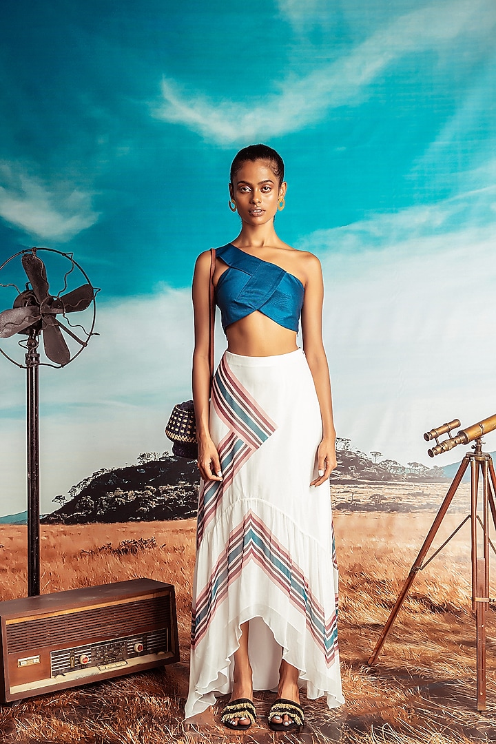 Midnight Blue One Shoulder Top With White Skirt by Nirmooha