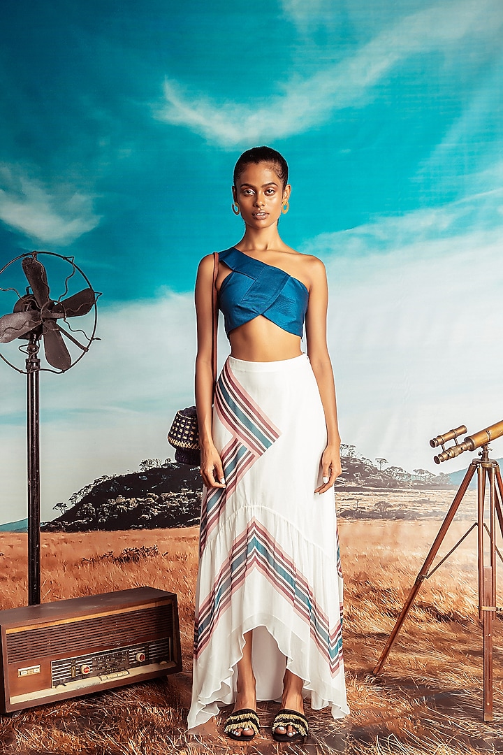 Midnight Blue One Shoulder Top With White Skirt by Nirmooha at Pernia's Pop Up Shop