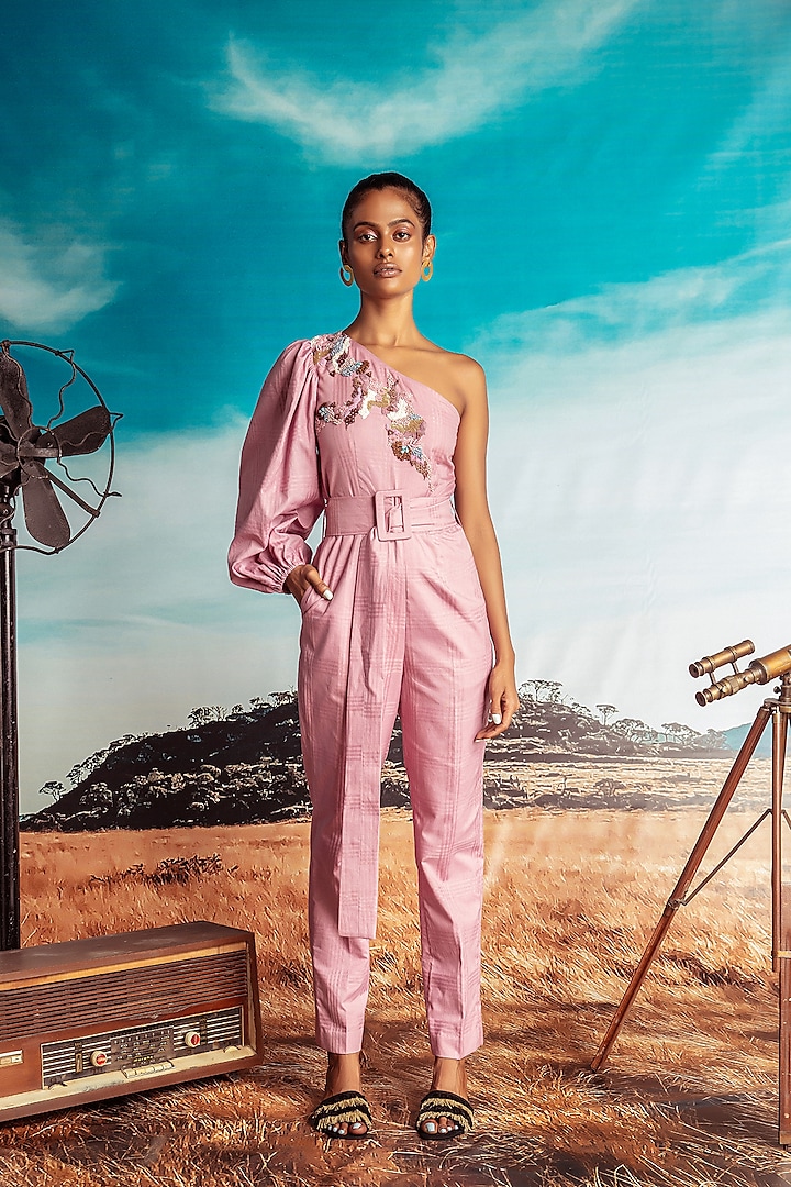 Dust Pink Embroidered Jumpsuit With Belt by Nirmooha