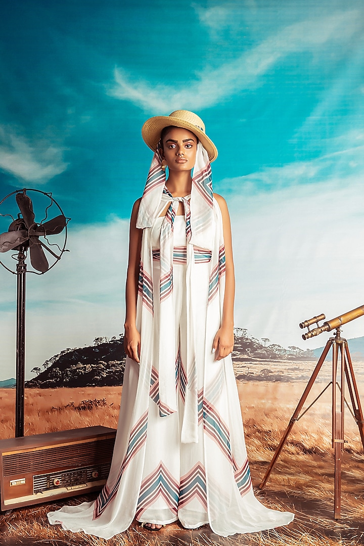 White Printed Jumpsuit With Cape by Nirmooha