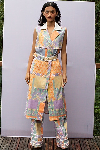 Multi-Coloured Printed Trench Jacket With Belt by Nirmooha