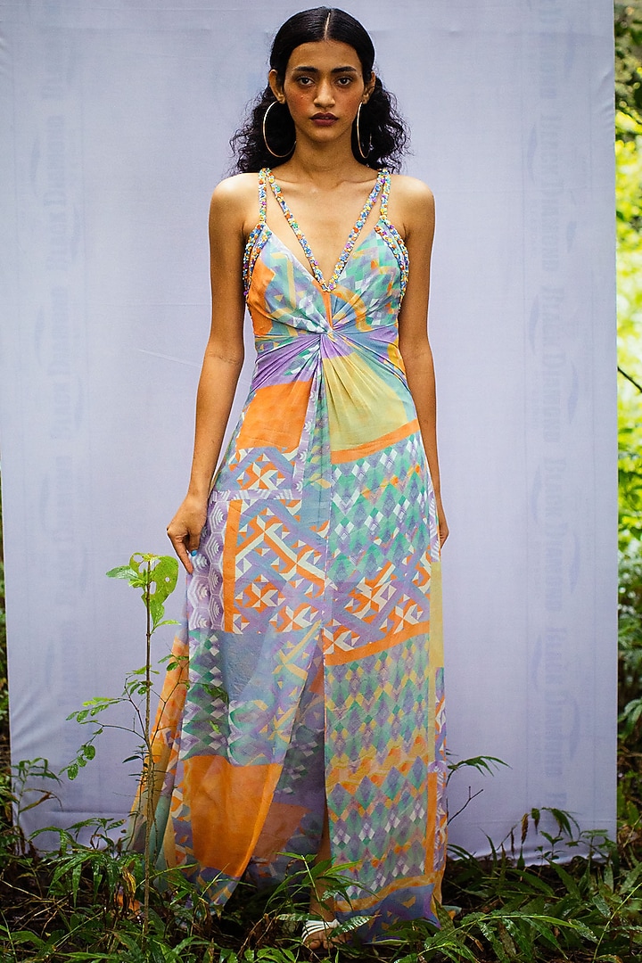 Multi-Coloured Hand Embroidered Draped Vacation Dress by Nirmooha at Pernia's Pop Up Shop