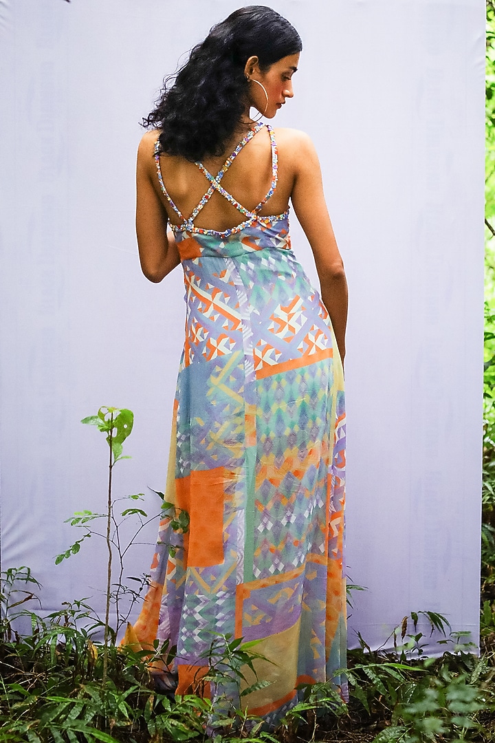 Multi-Coloured Hand Embroidered Draped Vacation Dress by Nirmooha at Pernia's Pop Up Shop