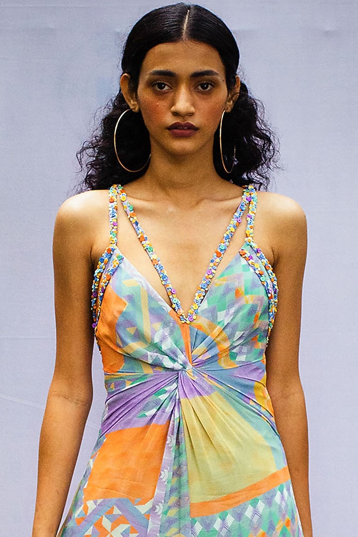 Multi-Coloured Hand Embroidered Draped Vacation Dress by Nirmooha at Pernia's Pop Up Shop