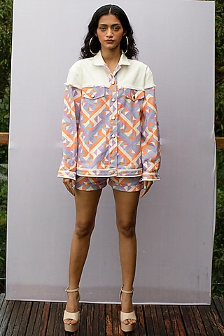  Geometric Print Denim Jacket With Fray Detailing by Nirmooha