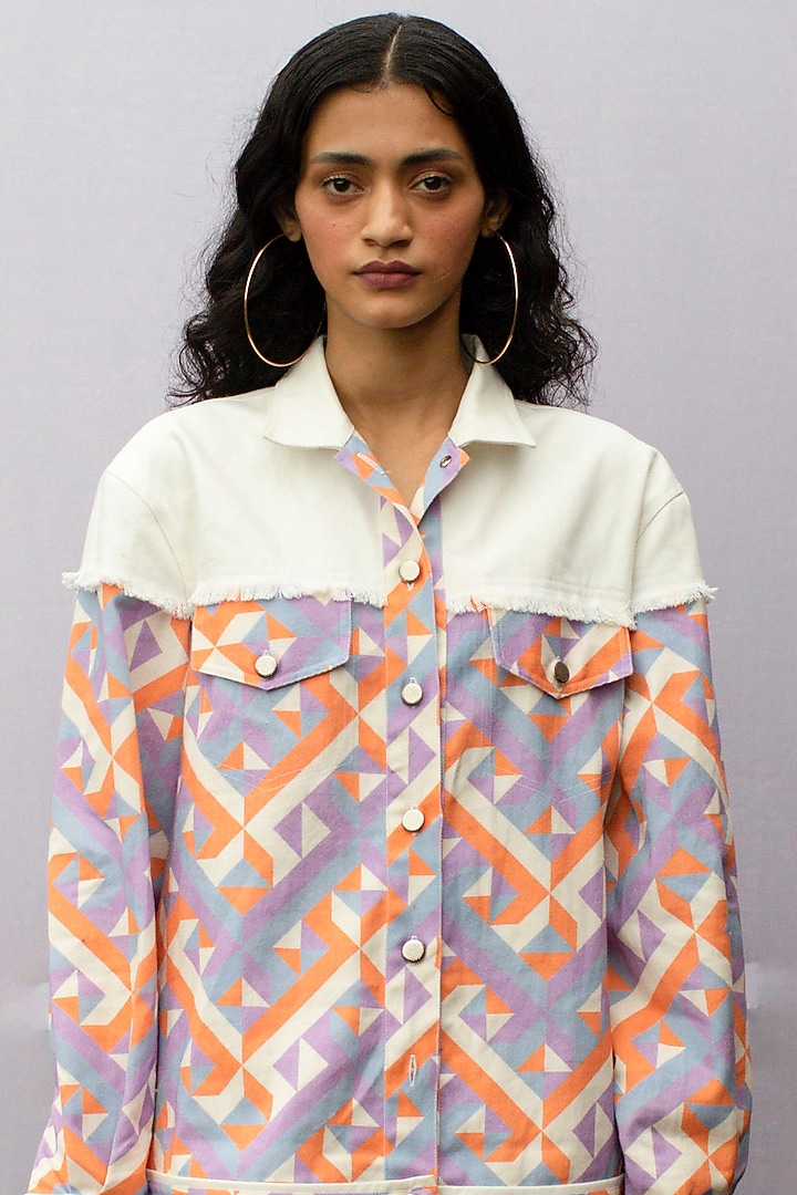 Geometric Print Denim Jacket With Fray Detailing by Nirmooha at Pernia's Pop Up Shop