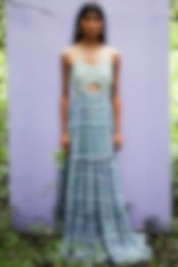 Green & Purple Hand Embroidered Tiered Dress by Nirmooha at Pernia's Pop Up Shop