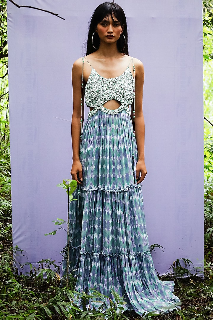 Green & Purple Hand Embroidered Tiered Dress by Nirmooha at Pernia's Pop Up Shop