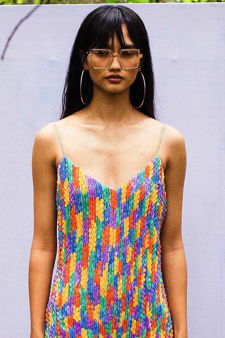 Multi Colored Hand Embroidered Cami Cocktail Dress by Nirmooha at Pernia's Pop Up Shop