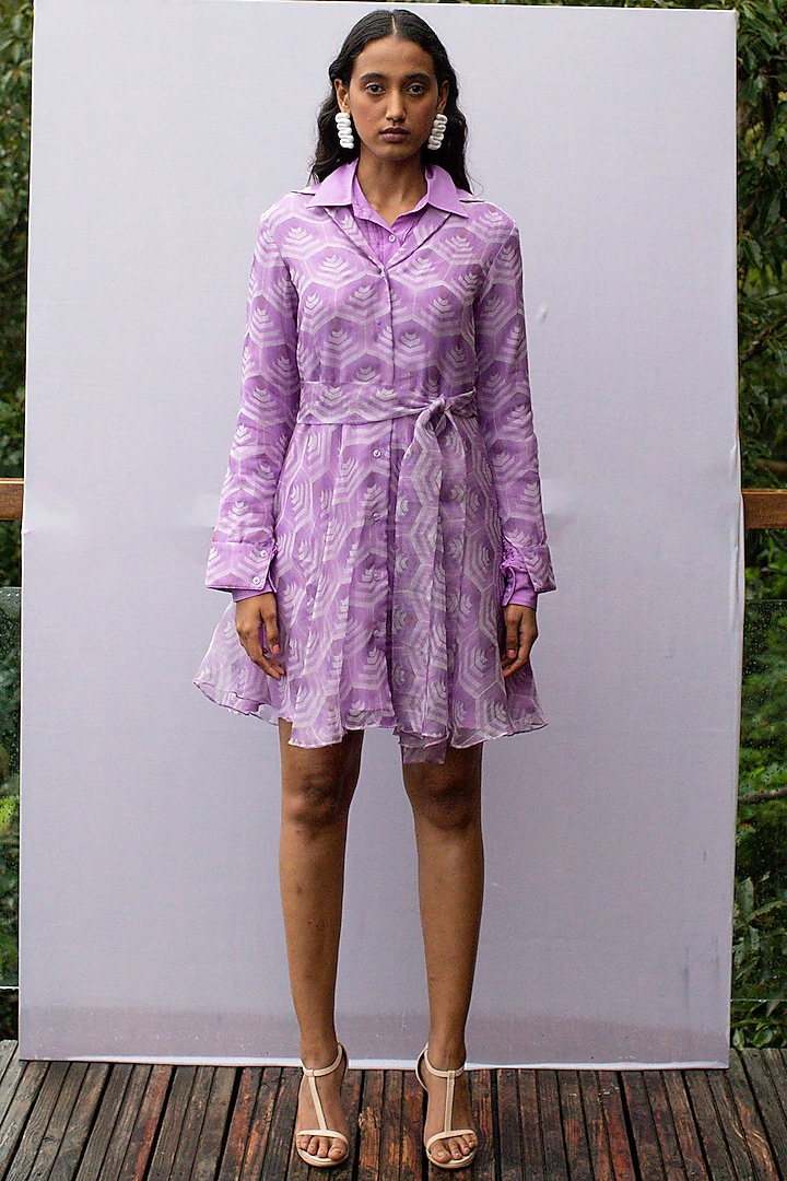 Lavender Printed Shirt Dress by Nirmooha