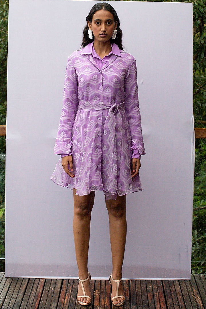 Lavender Organza Geometric Printed Mini Shirt Dress by Nirmooha at Pernia's Pop Up Shop