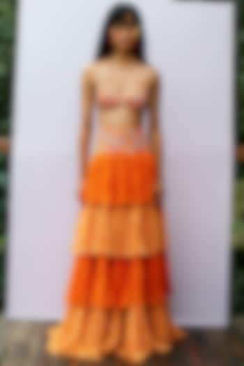Orange Georgette Hand Embroidered Layered Tiered Skirt by Nirmooha at Pernia's Pop Up Shop