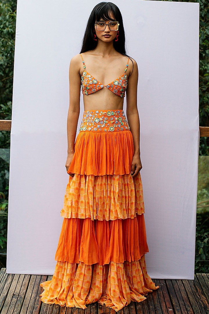 Orange Hand Embroidered Layered Skirt Design by Nirmooha at Pernia's Pop Up  Shop 2024