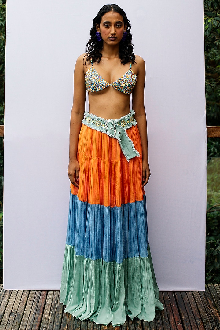Blue Georgette Hand Embroidered Bralette by Nirmooha