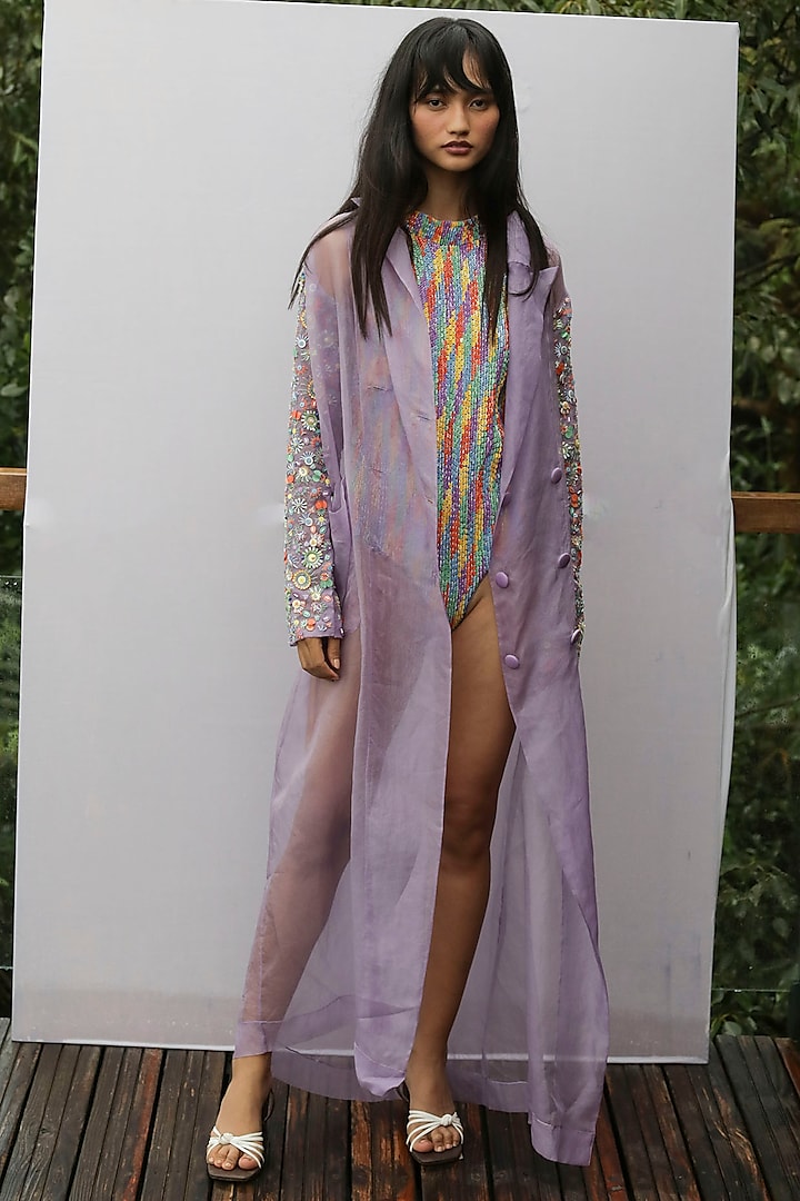 Lavender Embroidered Trench Coat by Nirmooha