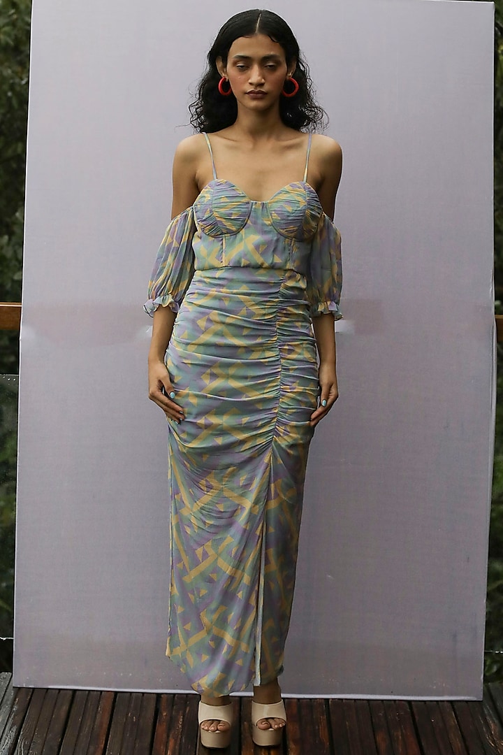 Multi-Colored Printed Ruched Dress by Nirmooha
