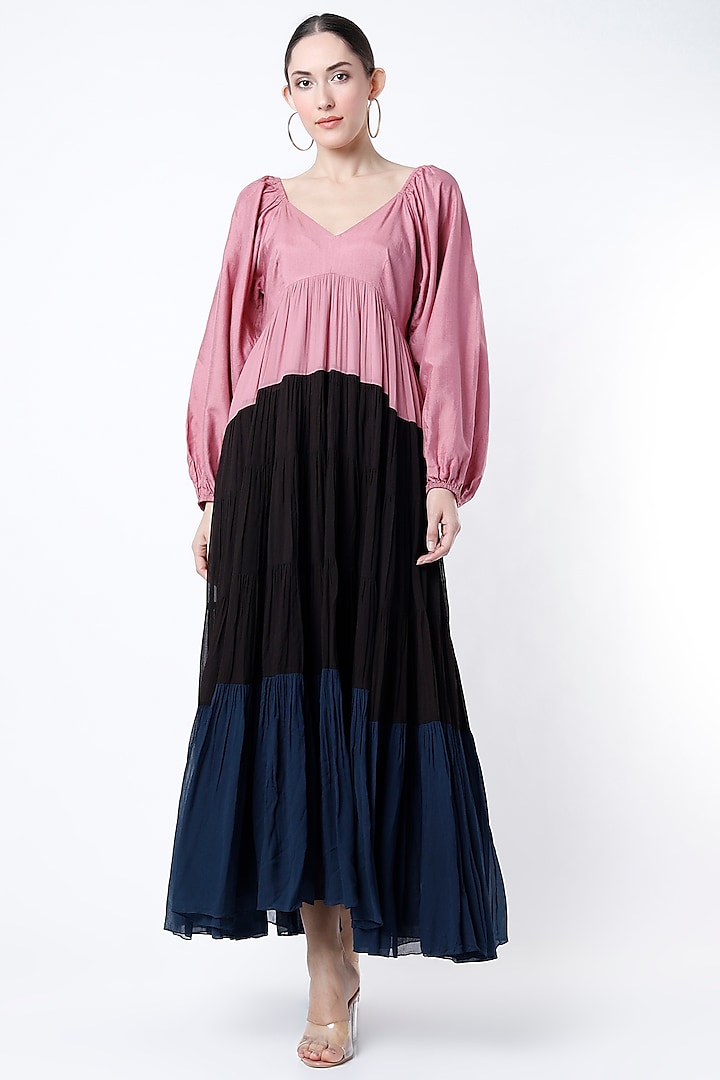 Blush Pink & Black Georgette Maxi Dress by Nirmooha