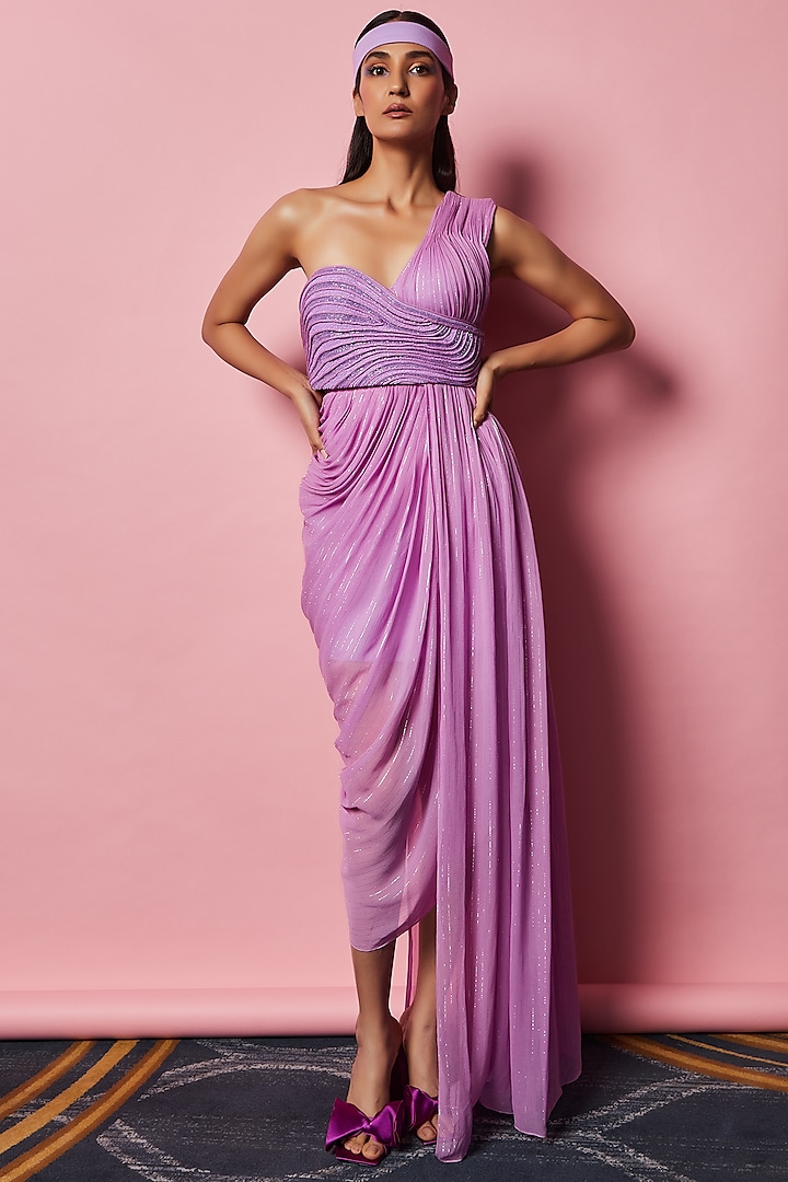 Lilac Draped Gown In Lurex by Nirmooha