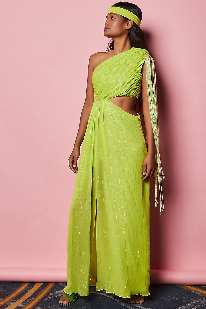 Lime Green Embroidered Draped Dress by Nirmooha