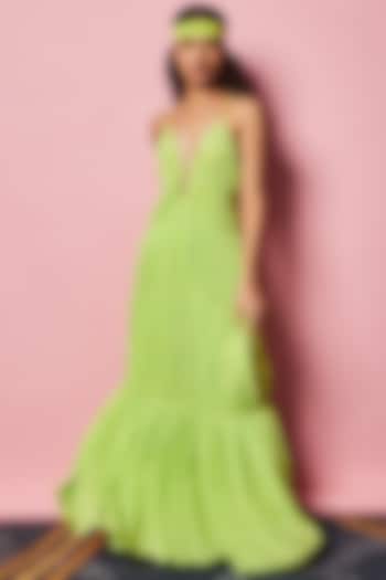 Lime Green Georgette Maxi Vacation Dress by Nirmooha at Pernia's Pop Up Shop