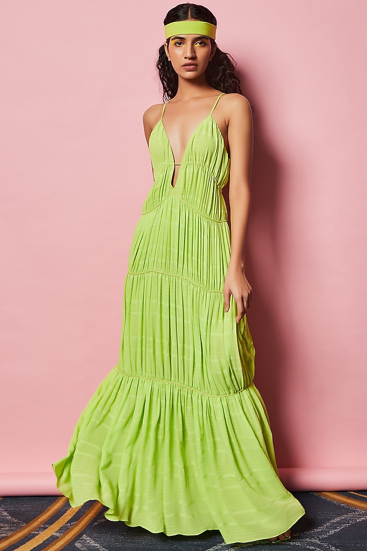 Lime Green Georgette Maxi Dress by Nirmooha