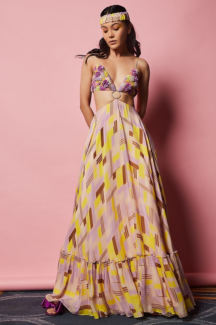 Lemon Yellow Printed Maxi Dress by Nirmooha