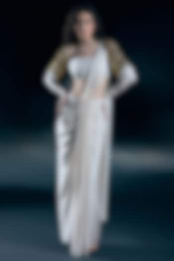 Ivory Lycra Embroidered Pre-Draped Wedding Saree Set by Nirmooha at Pernia's Pop Up Shop