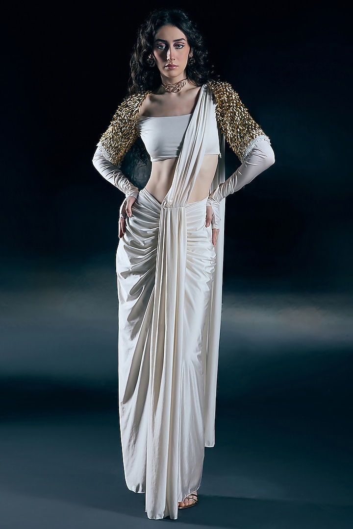 Ivory Lycra Embroidered Pre-Draped Wedding Saree Set by Nirmooha at Pernia's Pop Up Shop