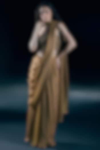 Gold Sheer Metallic Organza Pre-Draped Wedding Saree Set by Nirmooha at Pernia's Pop Up Shop