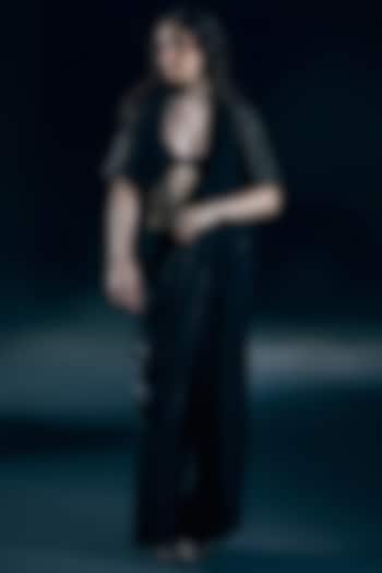 Black Organza Metallic Draped Pant Wedding Saree Set by Nirmooha at Pernia's Pop Up Shop