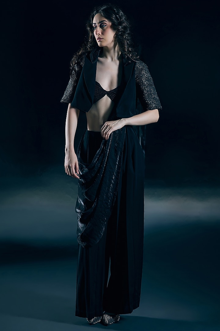 Black Organza Metallic Draped Pant Wedding Saree Set by Nirmooha at Pernia's Pop Up Shop