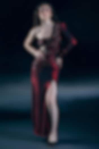 Flame Red Stretch Shimmer Lycra Reception Gown Saree Set by Nirmooha at Pernia's Pop Up Shop