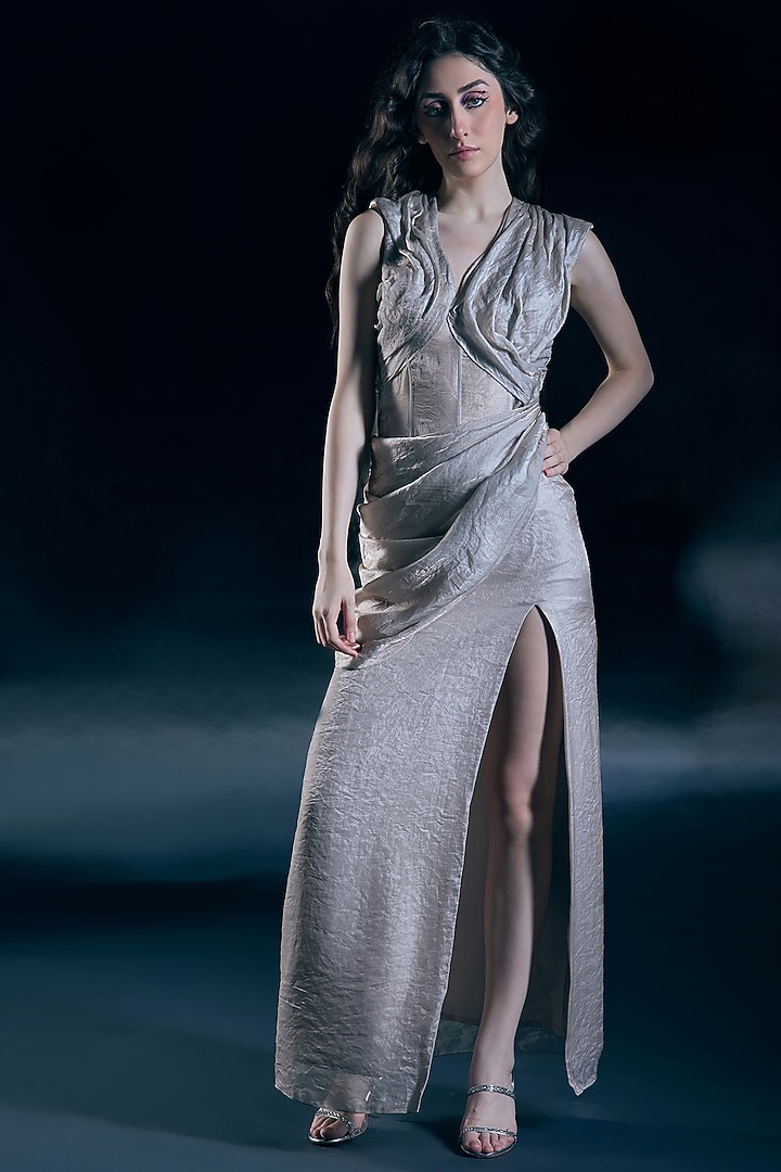 Ivory Organza Pre-Draped Wedding Gown Saree by Nirmooha at Pernia's Pop Up Shop