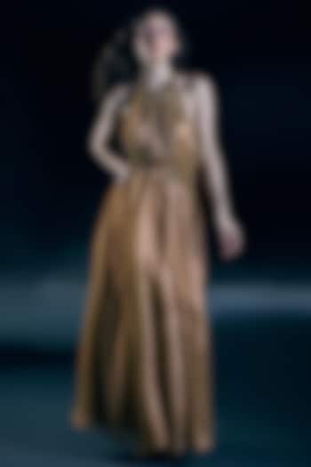 Gold Organza Placement Embroidered Sculpted Engagement Gown by Nirmooha at Pernia's Pop Up Shop