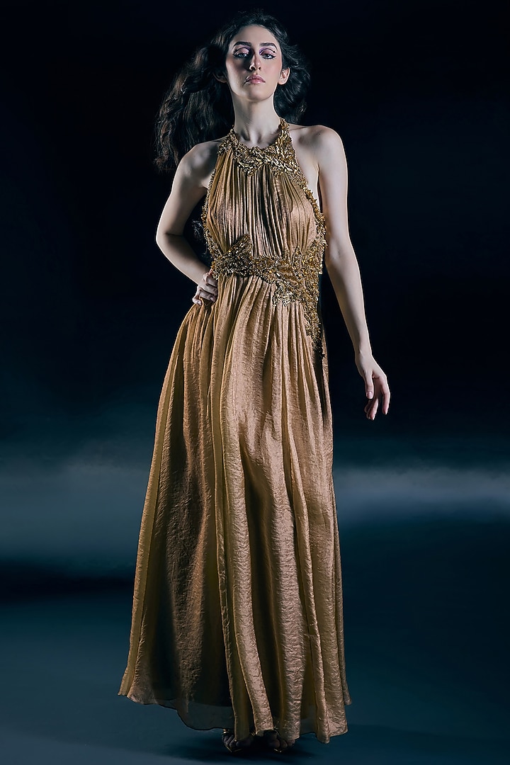 Gold Organza Placement Embroidered Sculpted Engagement Gown by Nirmooha at Pernia's Pop Up Shop