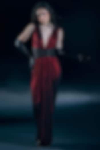 Flame Red Silk Lycra Pleated Engagement Gown With Corset Belt by Nirmooha at Pernia's Pop Up Shop