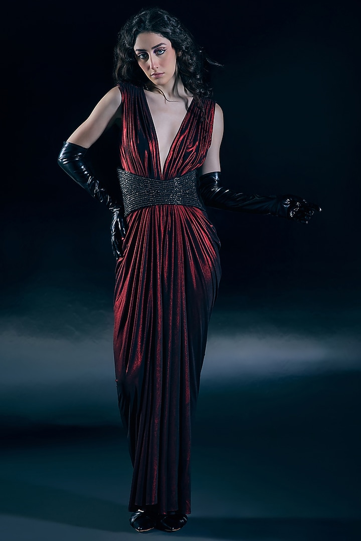 Flame Red Silk Lycra Pleated Engagement Gown With Corset Belt by Nirmooha at Pernia's Pop Up Shop