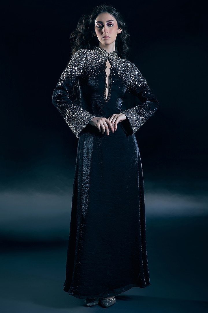 Black Organza Embellished Engagement Gown by Nirmooha at Pernia's Pop Up Shop