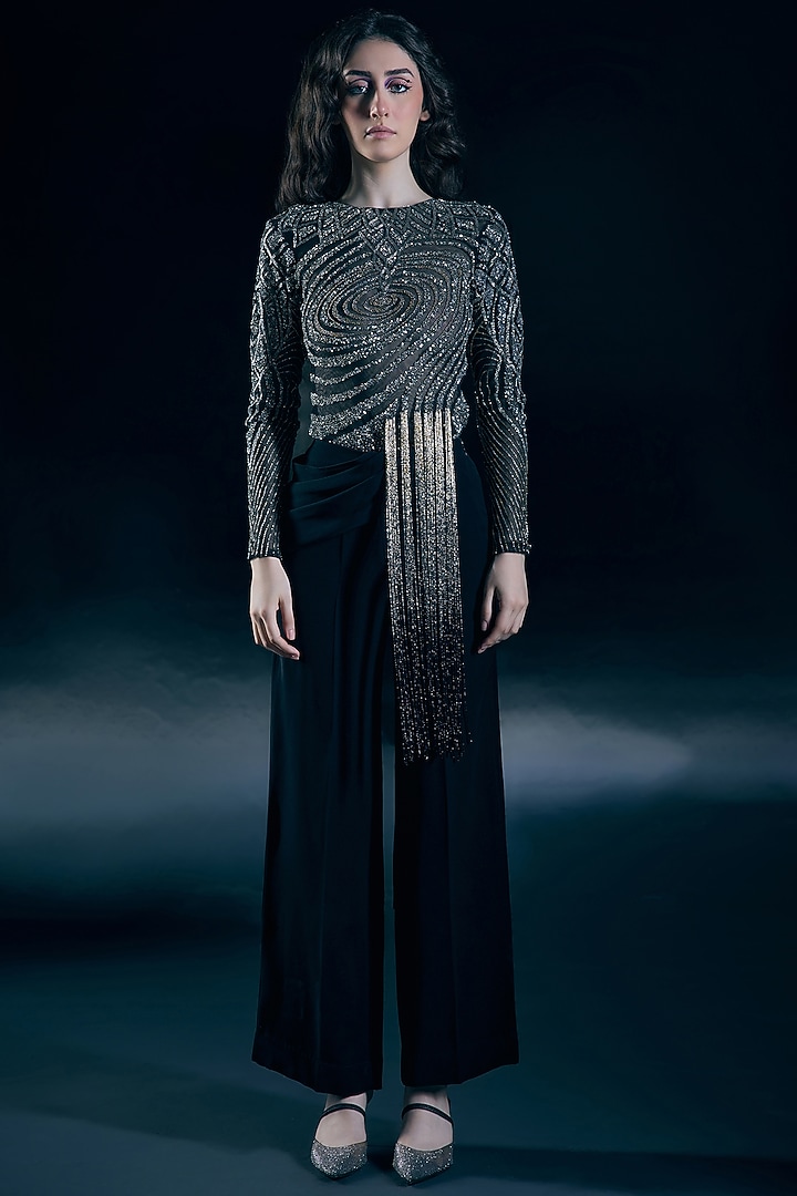 Black Net Embroidered Co-Ord Set by Nirmooha at Pernia's Pop Up Shop