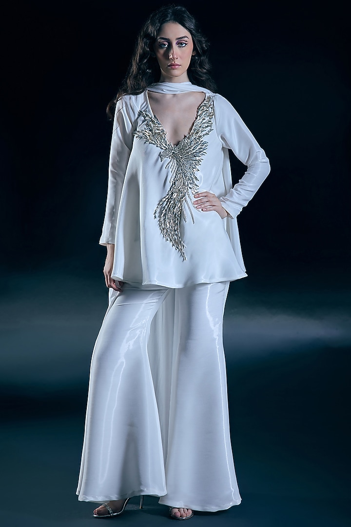 Ivory Glass Satin & Lycra Embellished Pant Set by Nirmooha at Pernia's Pop Up Shop