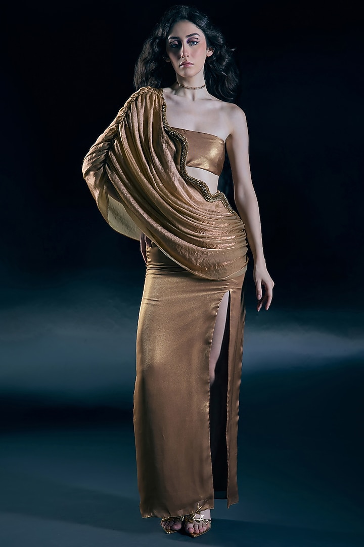 Gold Organza A-Line Skirt Set by Nirmooha at Pernia's Pop Up Shop