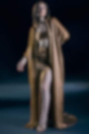 Gold Organza Embroidered Hooded Cape Set by Nirmooha at Pernia's Pop Up Shop