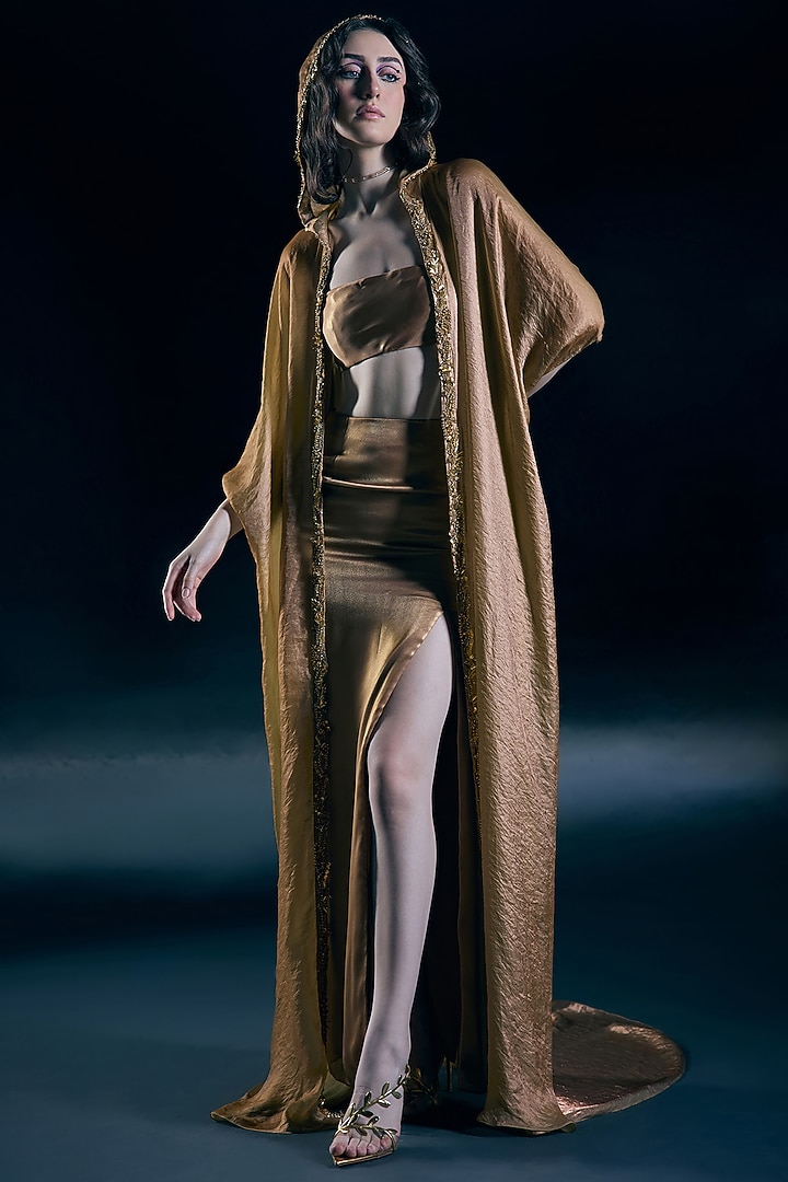 Gold Organza Embroidered Hooded Cape Set by Nirmooha at Pernia's Pop Up Shop