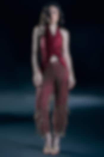 Flame Red Satin & Chiffon Embellished Co-Ord Set by Nirmooha at Pernia's Pop Up Shop