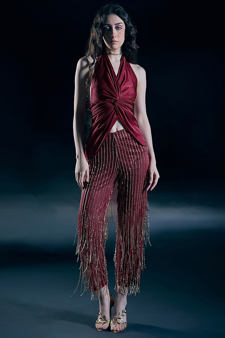 Flame Red Satin & Chiffon Embellished Co-Ord Set by Nirmooha at Pernia's Pop Up Shop