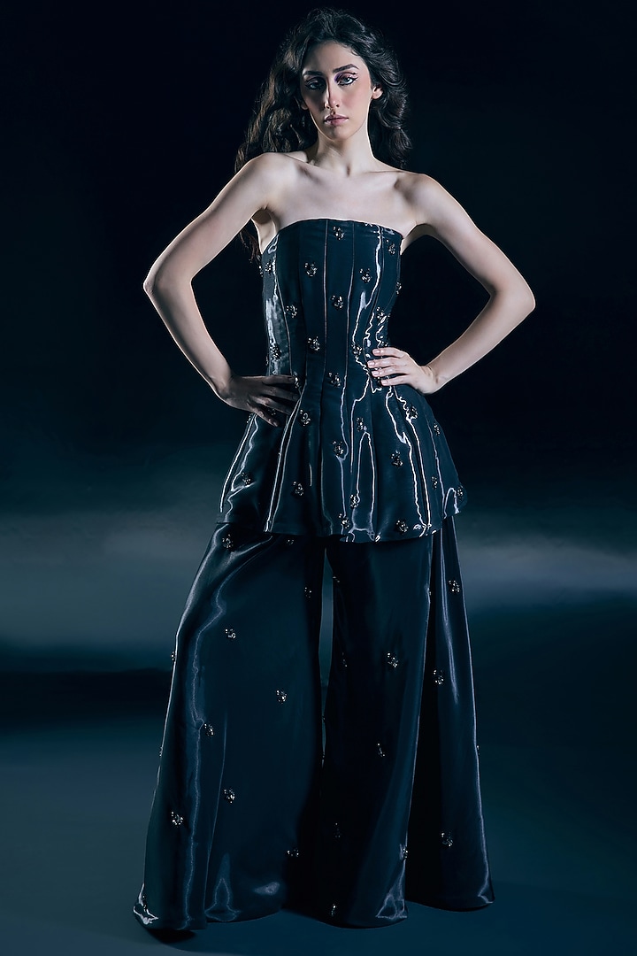 Black Glass Satin Beaded Palazzo Pant Set by Nirmooha at Pernia's Pop Up Shop