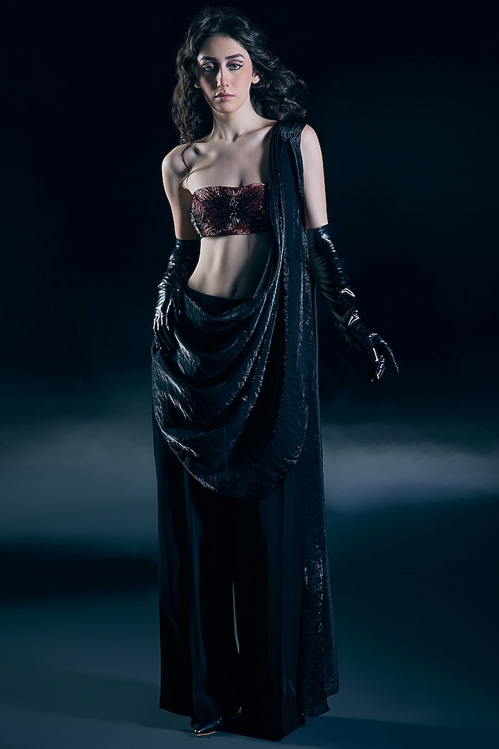 Black Lycra Pant Wedding Saree Set by Nirmooha at Pernia's Pop Up Shop