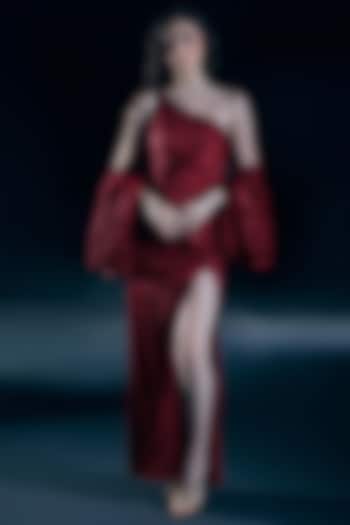 Flame Red Liquid Satin One-Shoulder Engagement Gown by Nirmooha at Pernia's Pop Up Shop