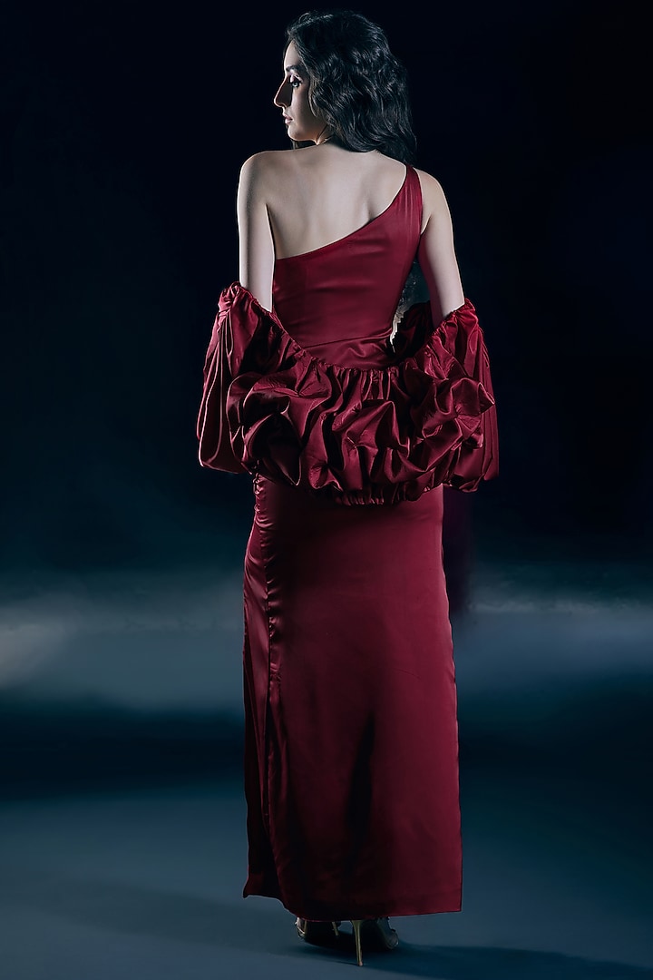 Flame Red Liquid Satin One-Shoulder Engagement Gown by Nirmooha at Pernia's Pop Up Shop